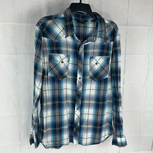 Salt Valley Western Men's XL Plaid Pearl Snap Shirt White Blue